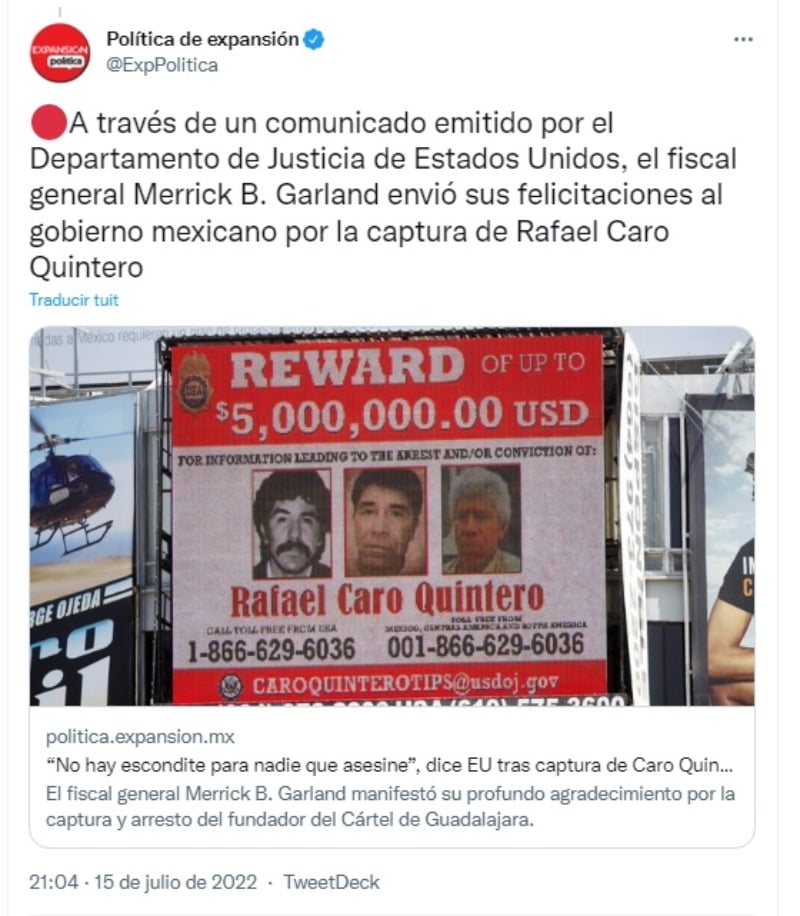 EEUU. celebra la captura del narcotraficante Rafael Caro Quintero