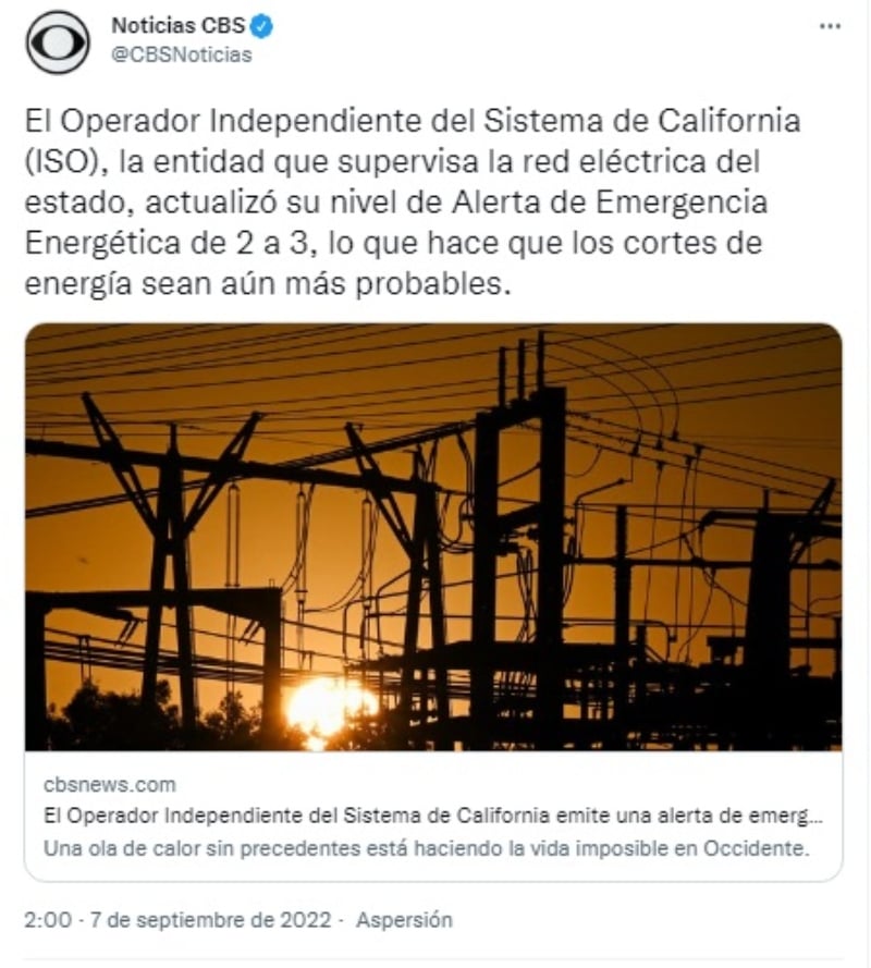 Declaran emergencia energética nivel 3 en California
