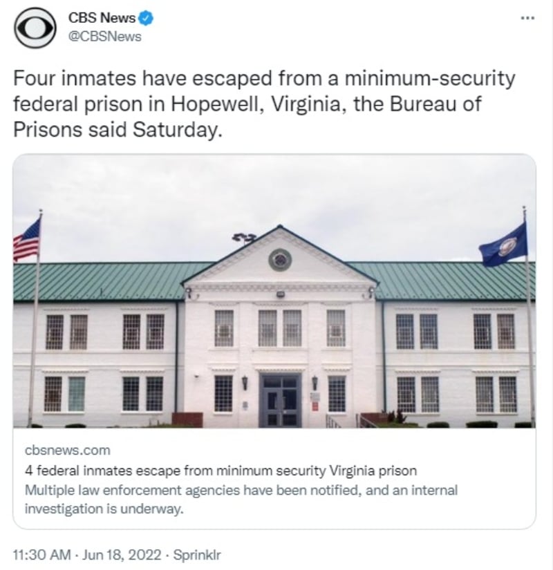 Escapan cuatro presos de prisión de Virginia
