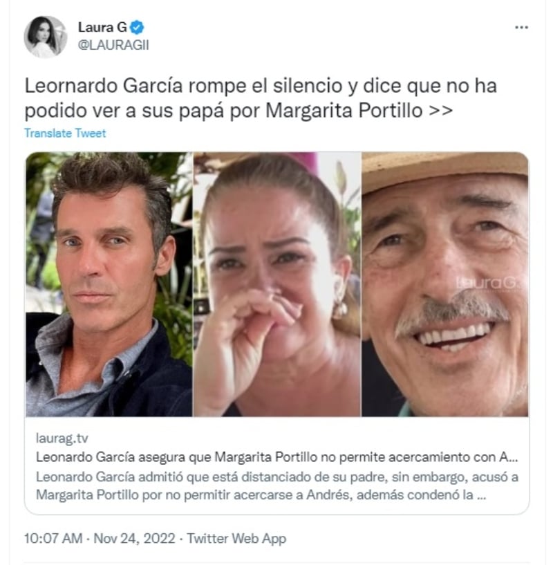 Esto tiene toda la vida, que platique Leonardo por qué su papá en su cumpleaños 80, que mi hijo pagó todo, que platique Leonardo por qué termino Andrés corriéndolo de la reunión. No quiero hablar más al respecto porque es el hijo de mi esposo, no me gusta que se metan conmigo porque no me meto con nadie. En Semana Santa sé que le pidió dinero a su papá que porque no le habían pagado, que le iban a depositar https://www.milenio.com/espectaculos/famosos/margarita-portillo-esposa-andres-garcia-contra-leonardo-por-acusacion