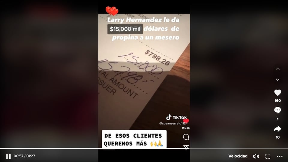 Larry Hernández deja una propina de 15,000 dólares después de cenar con Kenia