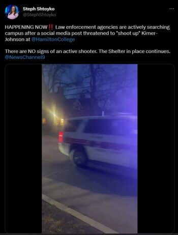 Según el tirador activo, iba a tirotear un edificio cercano al Hamilton College