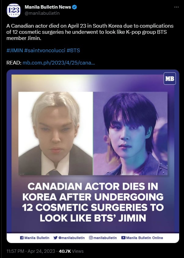 Murió Saint Von Colucci, actor que se operó para parecerse a Jimin de BTS