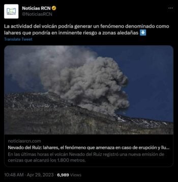 Recomiendan evacuación en Colombia por riesgo de erupción de volcán