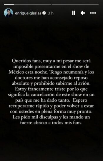 Enrique Iglesias cancela concierto en México por un problema de salud