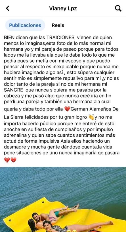 El comunicado donde la esposa de Germán de los Alameños expuso que fue infiel