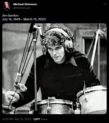 El baterista Jim Gordon murió a la edad de 77 años
