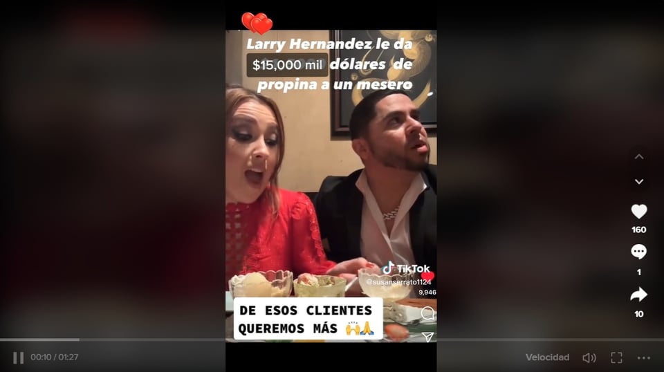 Larry Hernández deja gran propina mientras cenaba con Kenia 