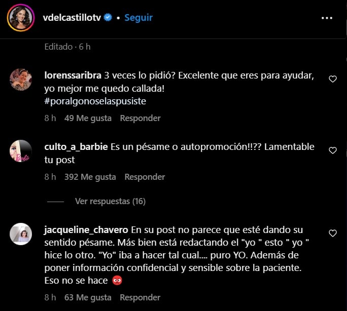 Tunden a Verónica del Castillo en la sección de comentarios