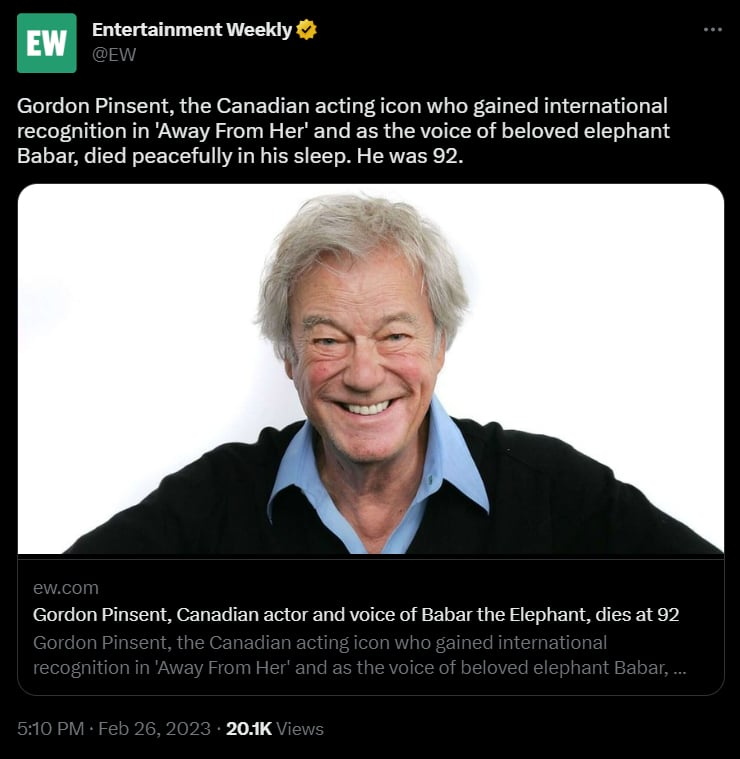 Gordon Pinsent recibió un premio por su papel como actor protagónico
