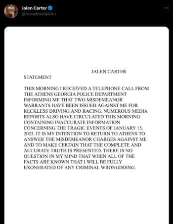 Jalen Carter dio un comunicado en redes sociales