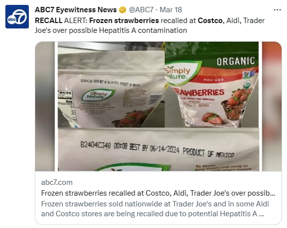 Hepatitis recall fresas Costco