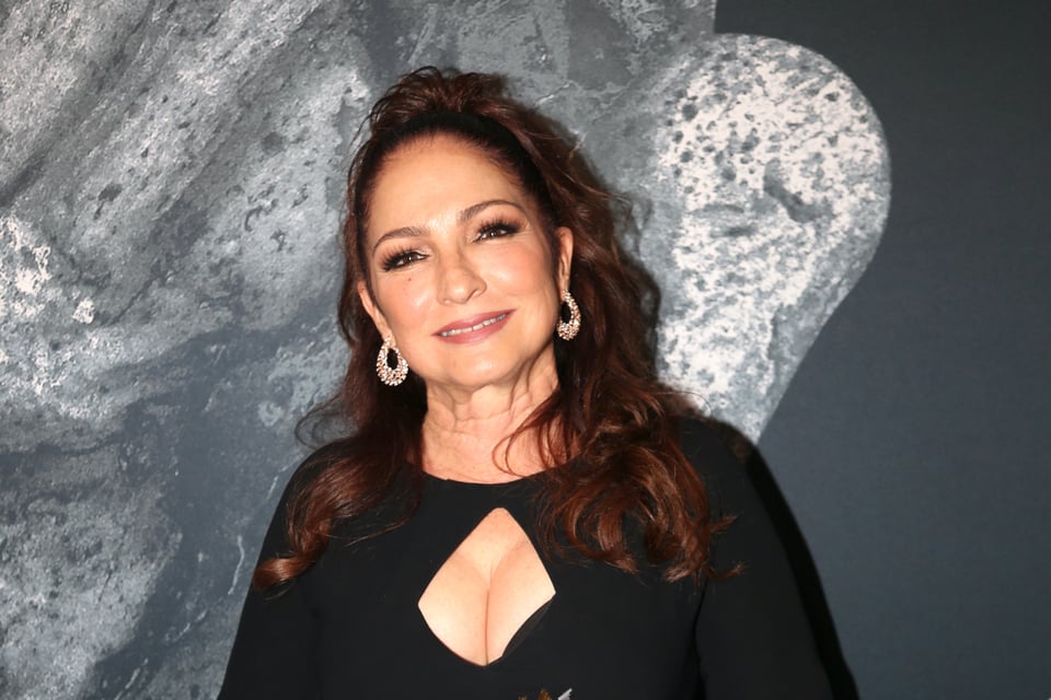 Gloria Estefan, Sonrisa, Peinado con moño, Aretes, Escote