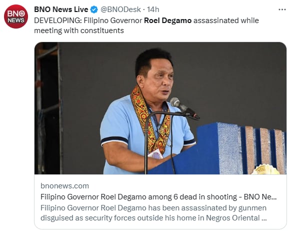 Asesinan gobernador Filipinas