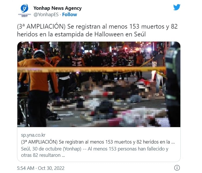 Aumentan 153 muertos estampida festejo Halloween