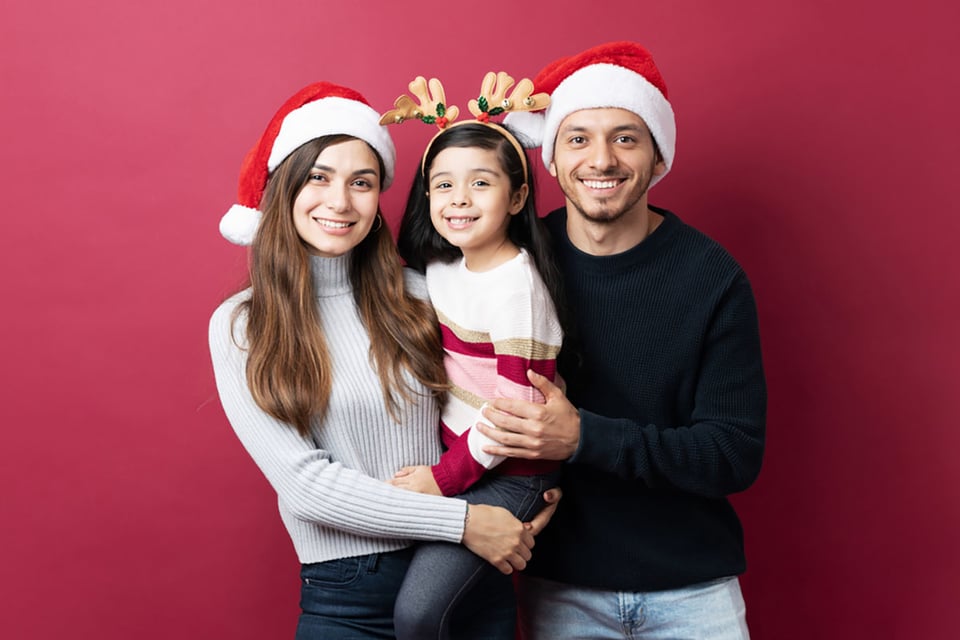 Hispanic, family, hugging, Christmas, photo