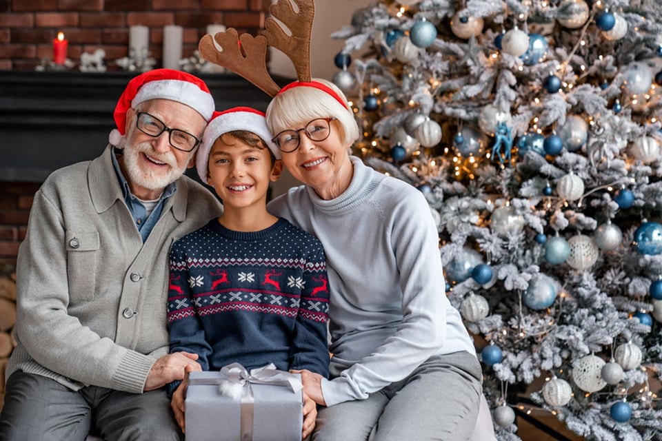 Portrait, grandparents, grandson, celebrating, New Year