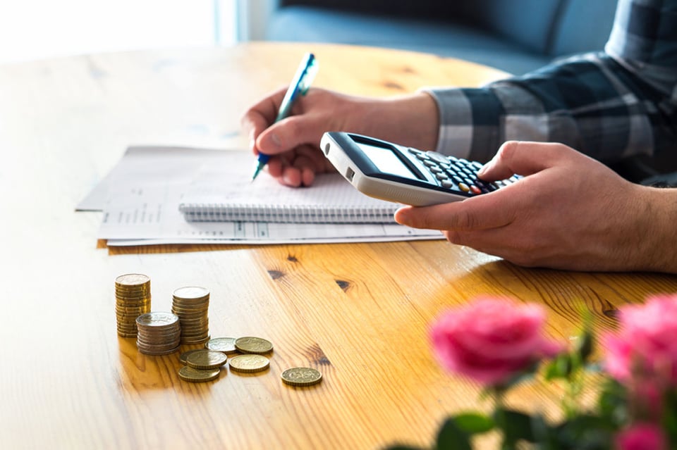 Man, calculator, counting, budget, money