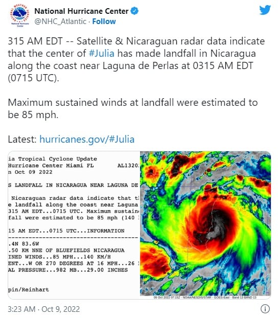 Huracán Julia toca tierra Nicaragua