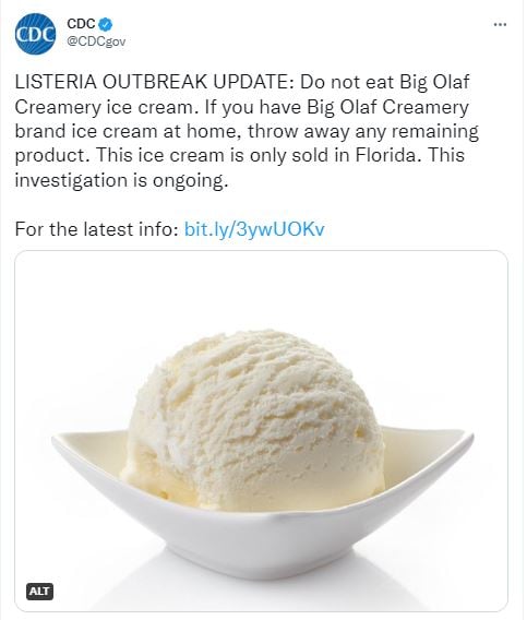 Brote de listeria fue originado por un helado