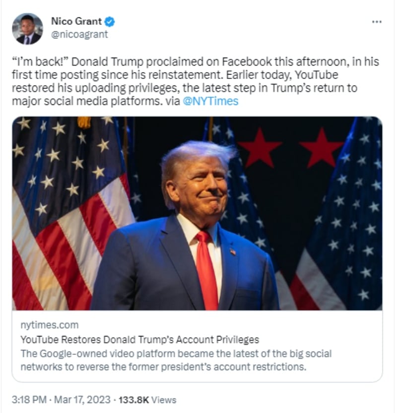Donald Trump comparte su primera publicación de Facebook