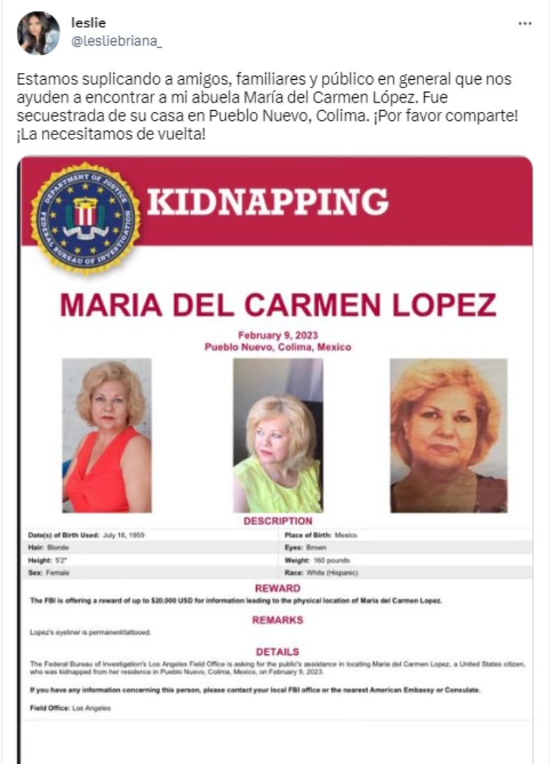Estadounidense María del Carmen secuestrada: Emiten ficha de búsqueda