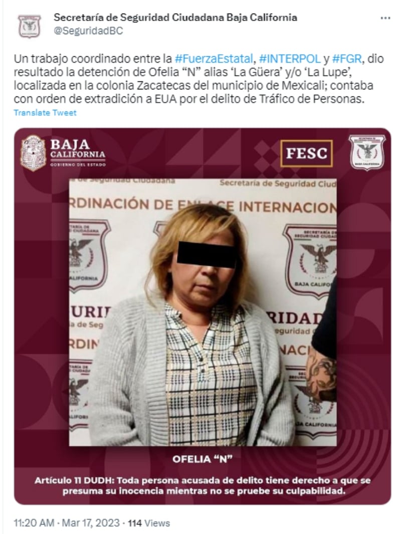 Capturan a la traficante conocida como La Lupe