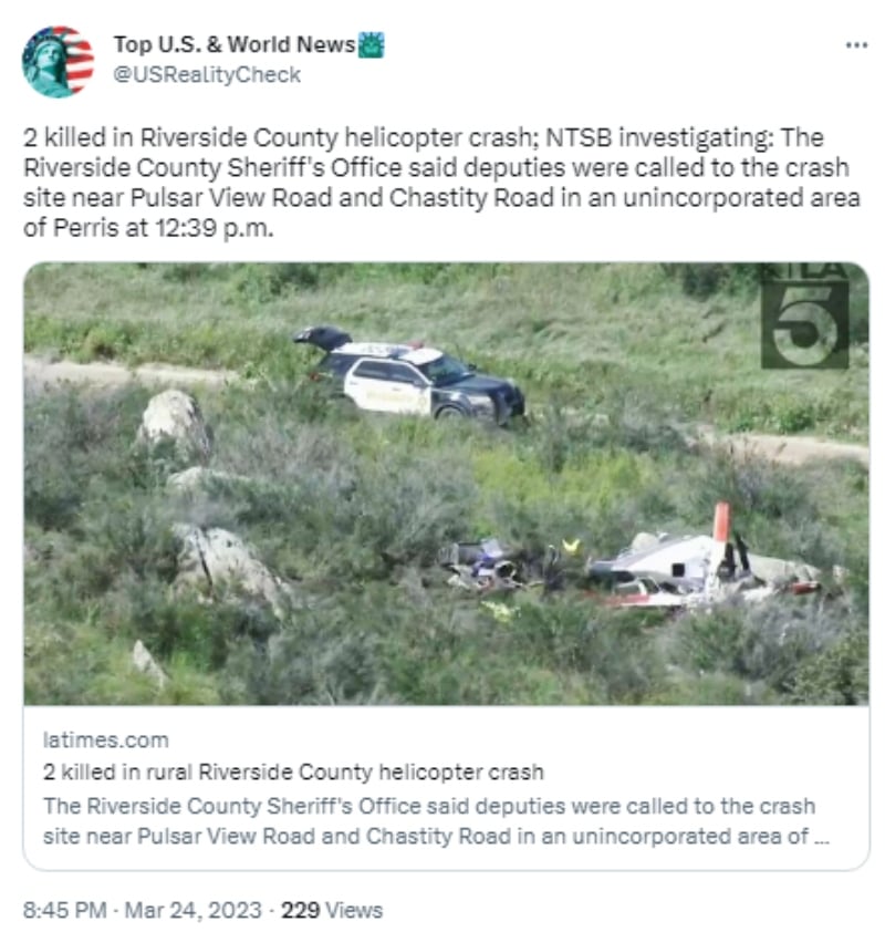 Accidente de helicóptero deja dos muertos