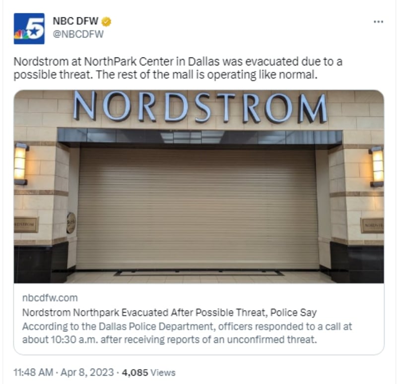 Evacuan tienda Nordstrom en Mall de Dallas