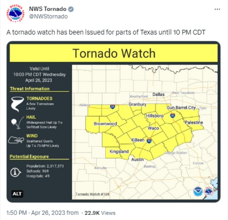 Lanzan alerta de tornado en el estado de Texas