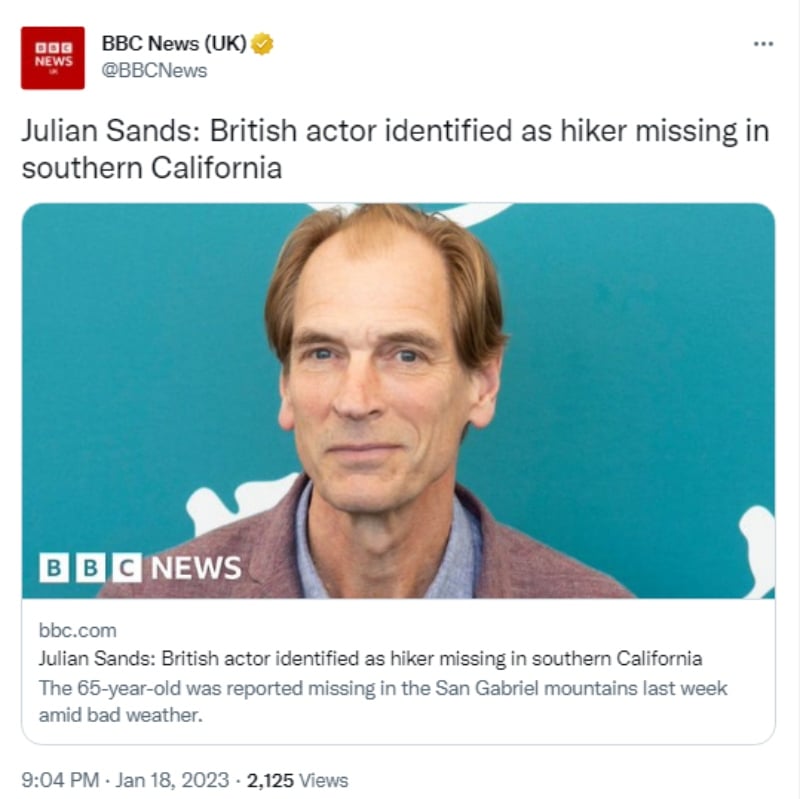 Julian Sands was reported missing in California