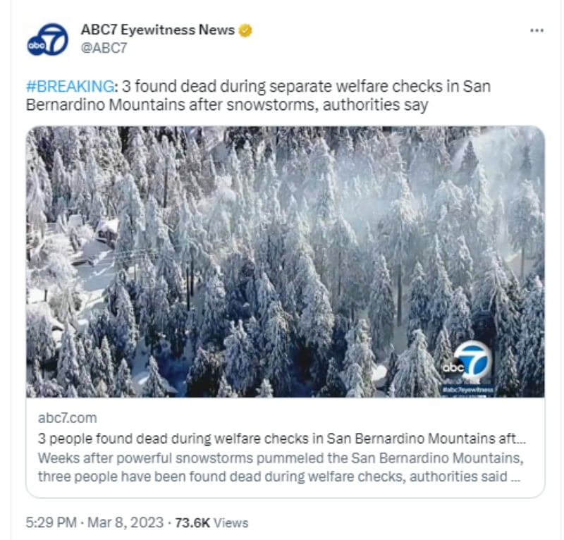 Reportan muertos por tormenta de nieve en California