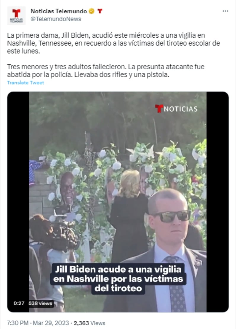 Jill Biden vigilia Nashville: “Hace solo dos días fue el peor día de nuestra ciudad”
