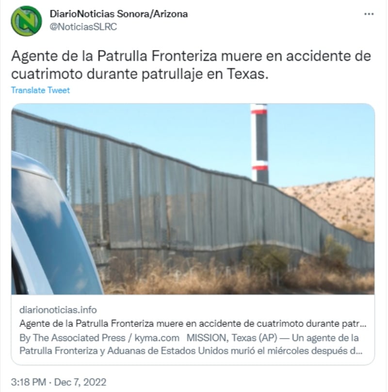 Muere agente fronterizo en accidente