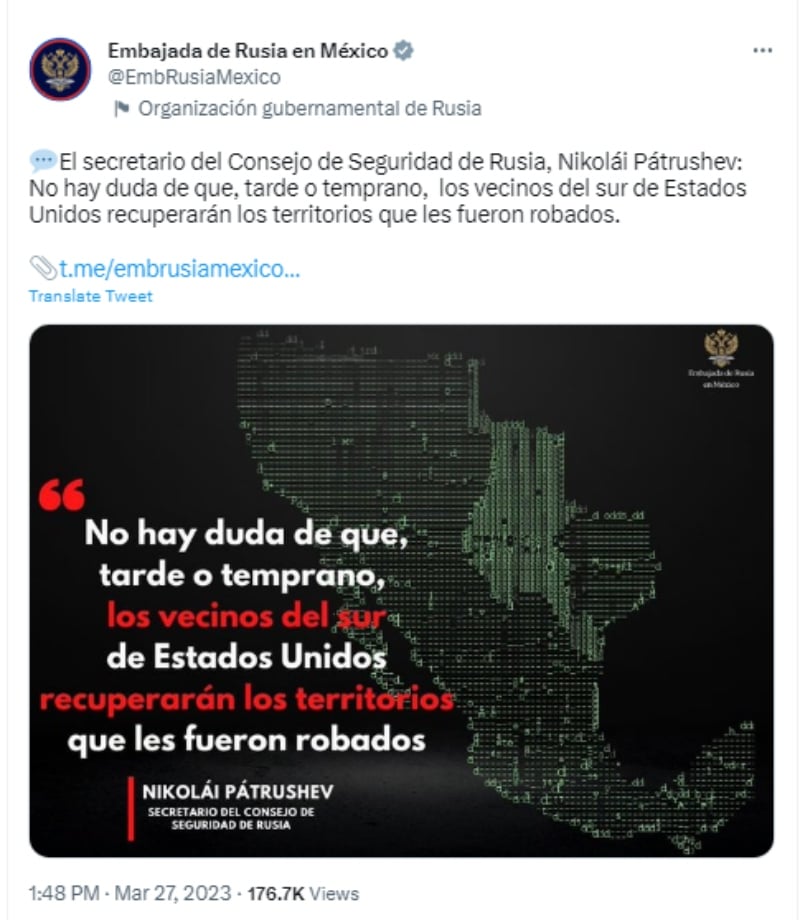 Nikolai Patrushev promesa México: "Los vecinos del sur de Estados Unidos recuperarán los territorios que les fueron robados"