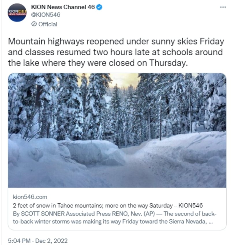 Tormenta invernal impacta en las montañas Tahoe
