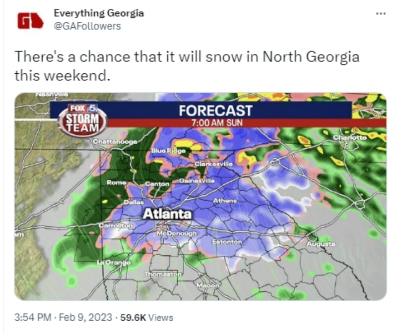 Pronostican caída nieve Georgia: Fin de semana helado