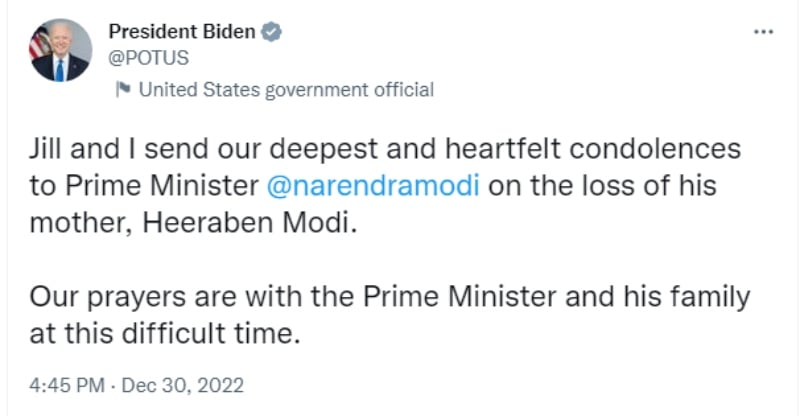 Joe Biden muere madre Primer Ministro: Envió condolencias para Narendra Modi