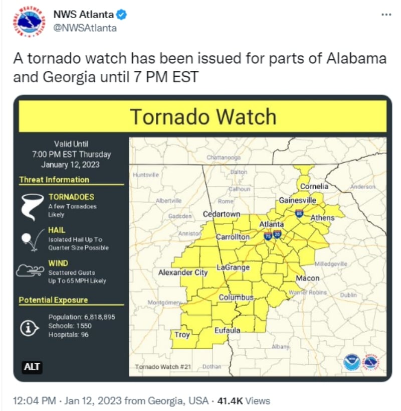 Alerta por tornado y granizo en Georgia