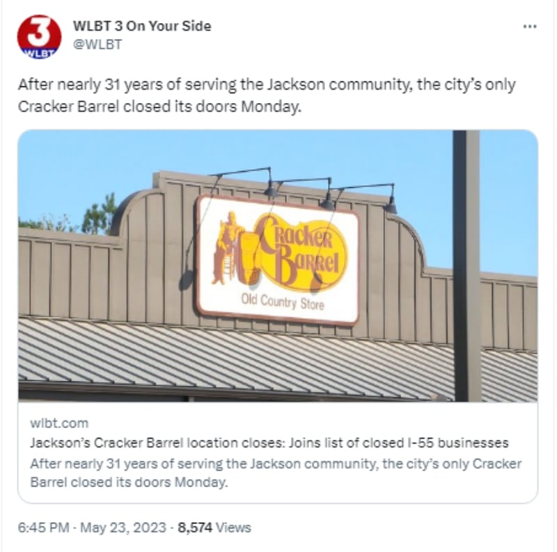 Cracker Barrel anuncia cierre de sucursal