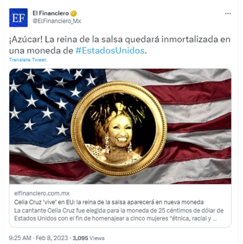 Celia Cruz will appear on the 25-cent coin