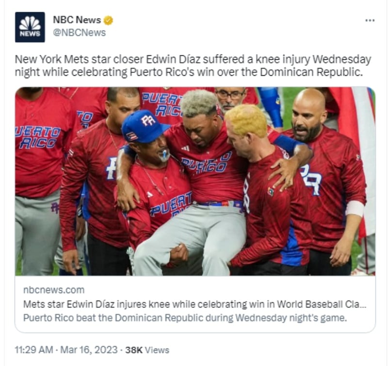 El puertorriqueño Edwin Díaz sufre lesión