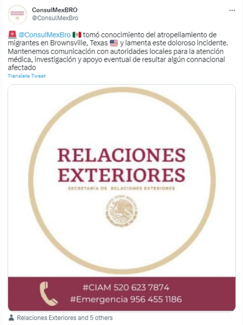 Consulado mexicano lamenta lo sucedido en Brownsville