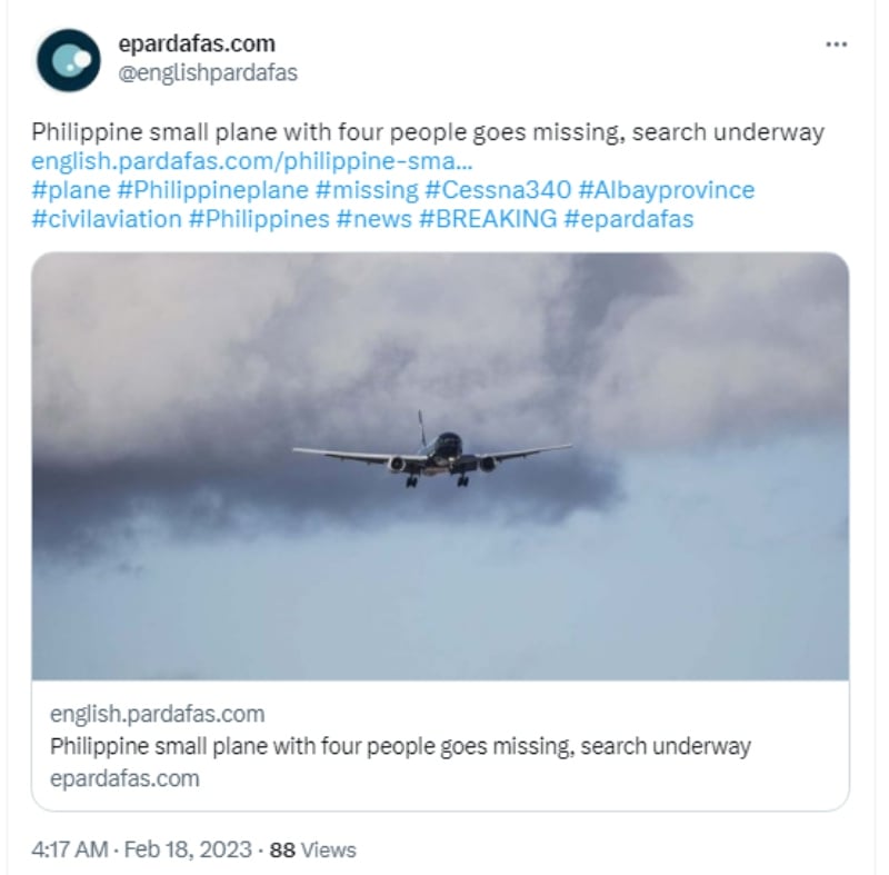 Avión desaparece Filipinas: Cuatro personas iban a bordo