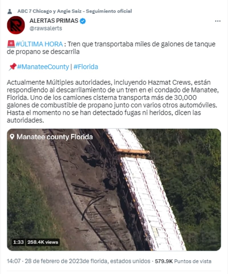 Tren se descarrila en el estado de Florida