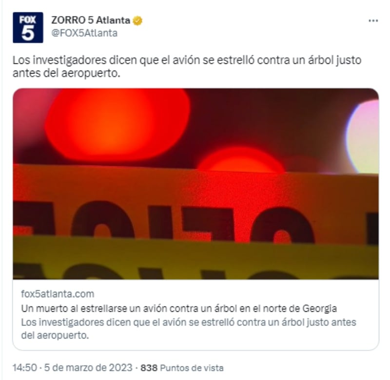 Avión estrella contra árbol en Georgia