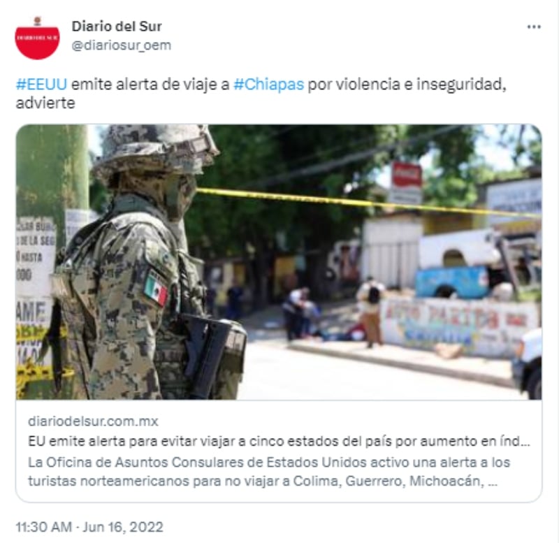 EEUU lanza alerta de viaje a Chiapas