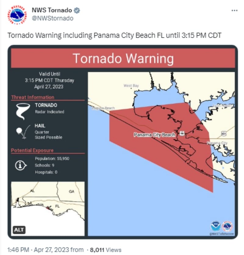 Reportan que tornado impacta en Florida