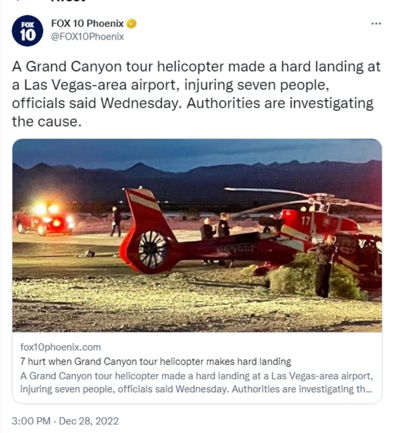 Helicóptero hace aterrizaje de emergencia en Las Vegas