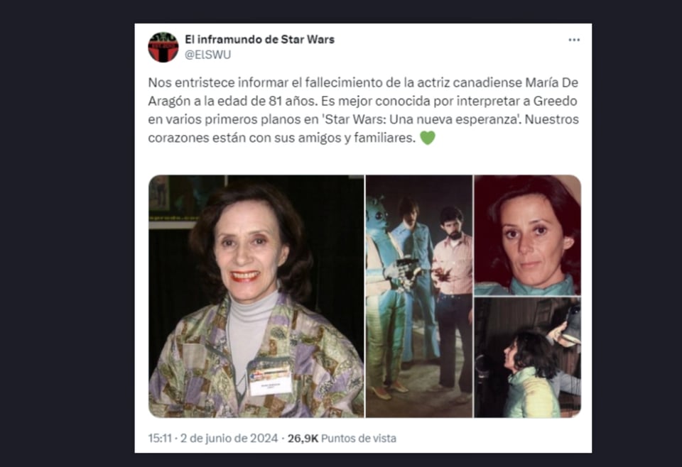 Muere María de Aragón, Star Wars, luto, cine, MundoNOW